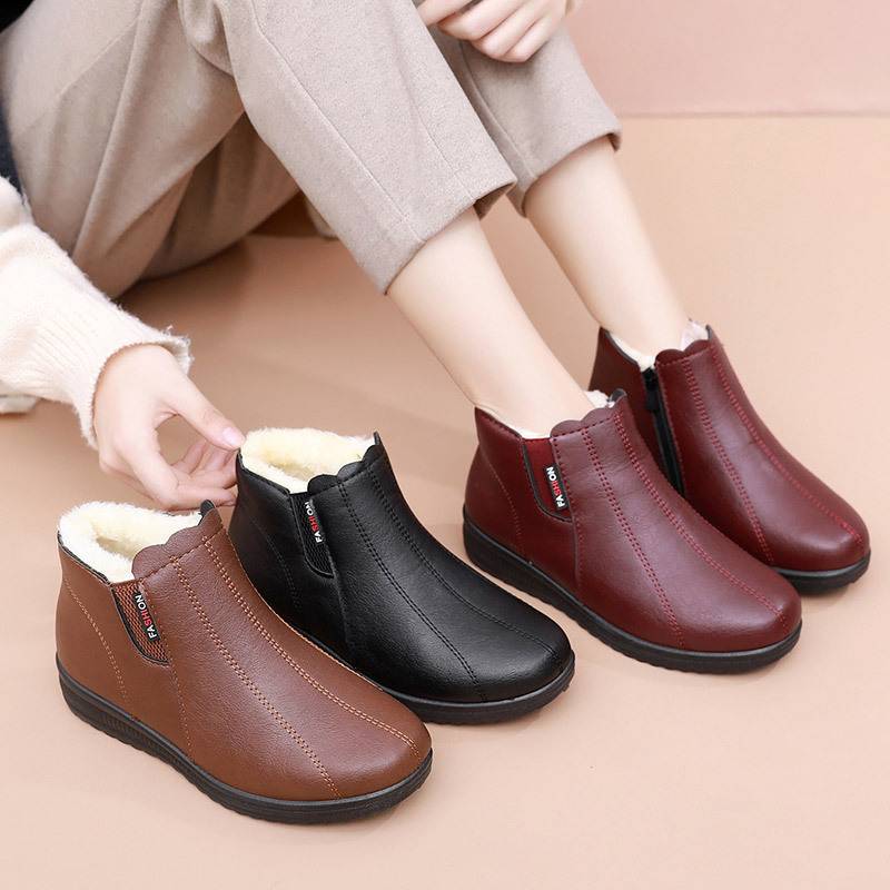 Women's Zipper Plush Leather Ankle Boots